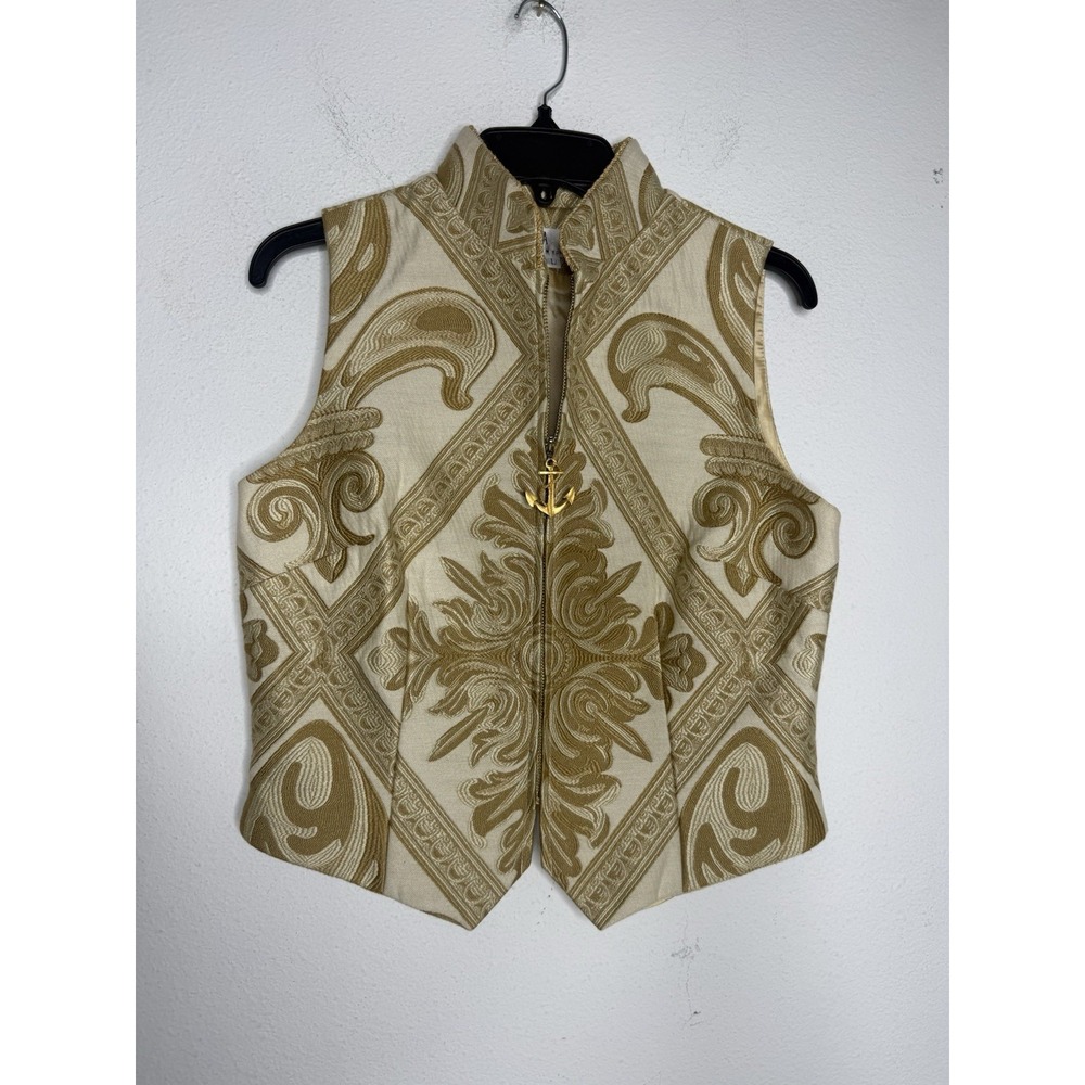 Women's Vtg TAPP New York Paisley Gold Nautical Zip Up Vest Top Size L